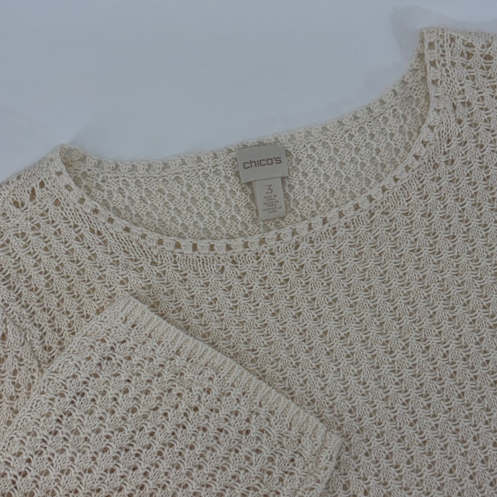 Chicos Cream Open Knit Ramie Rayon Sweater 3/4 Sleeve Size 3 XL Ivory Scoop Neck